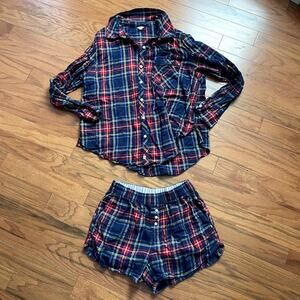 Aerie Blue Red and Yellow Button Up Flannel PJ Long Sleeve Shorts Set Size M/S